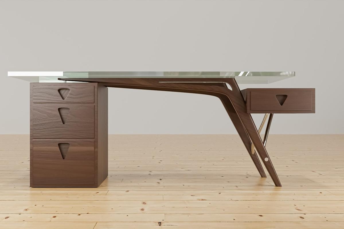 Modern walnut desk with a glass top, drawer pedestal and angled legs